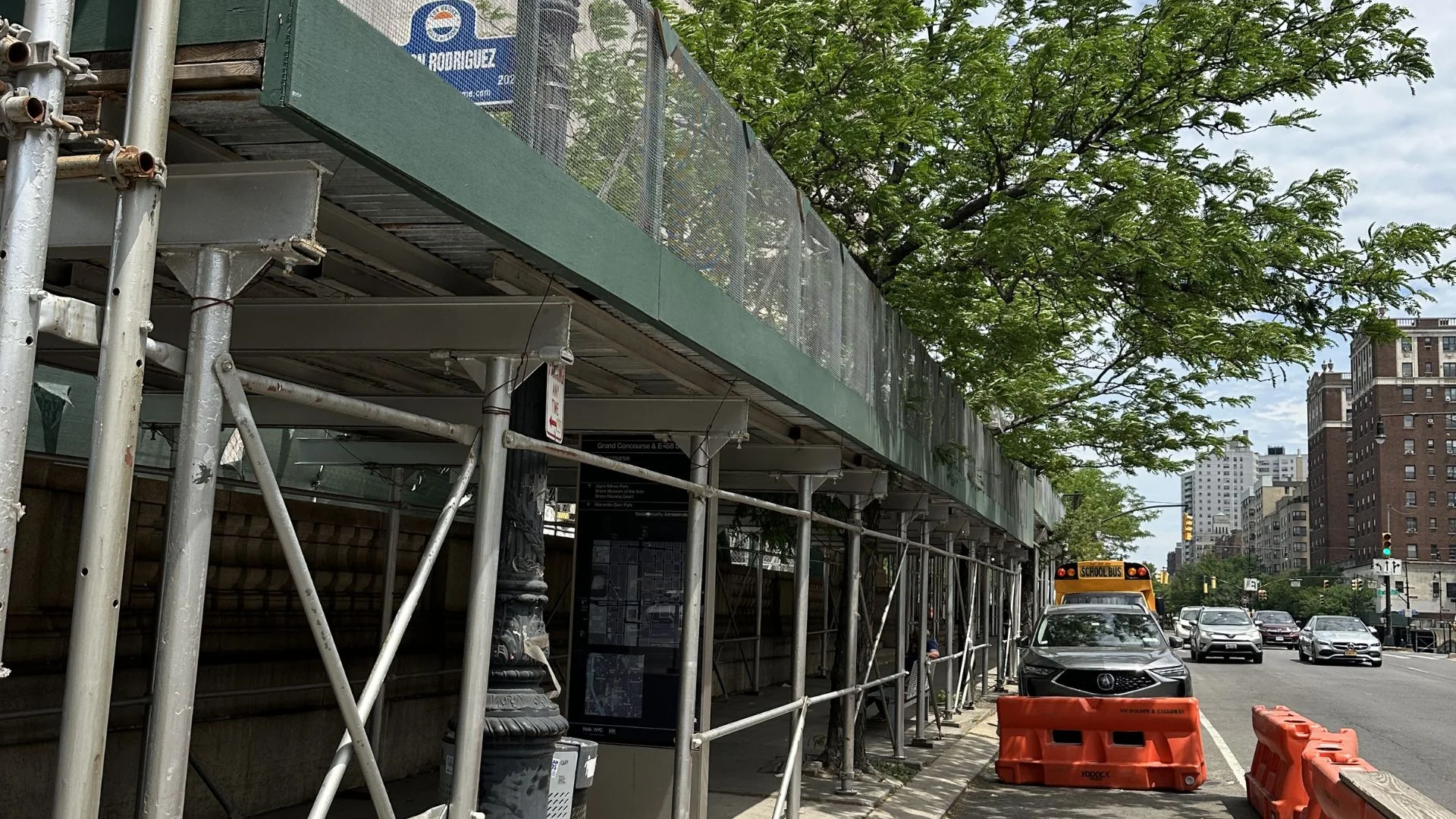 Sidewalk shed with LED lighting installed on NYC street